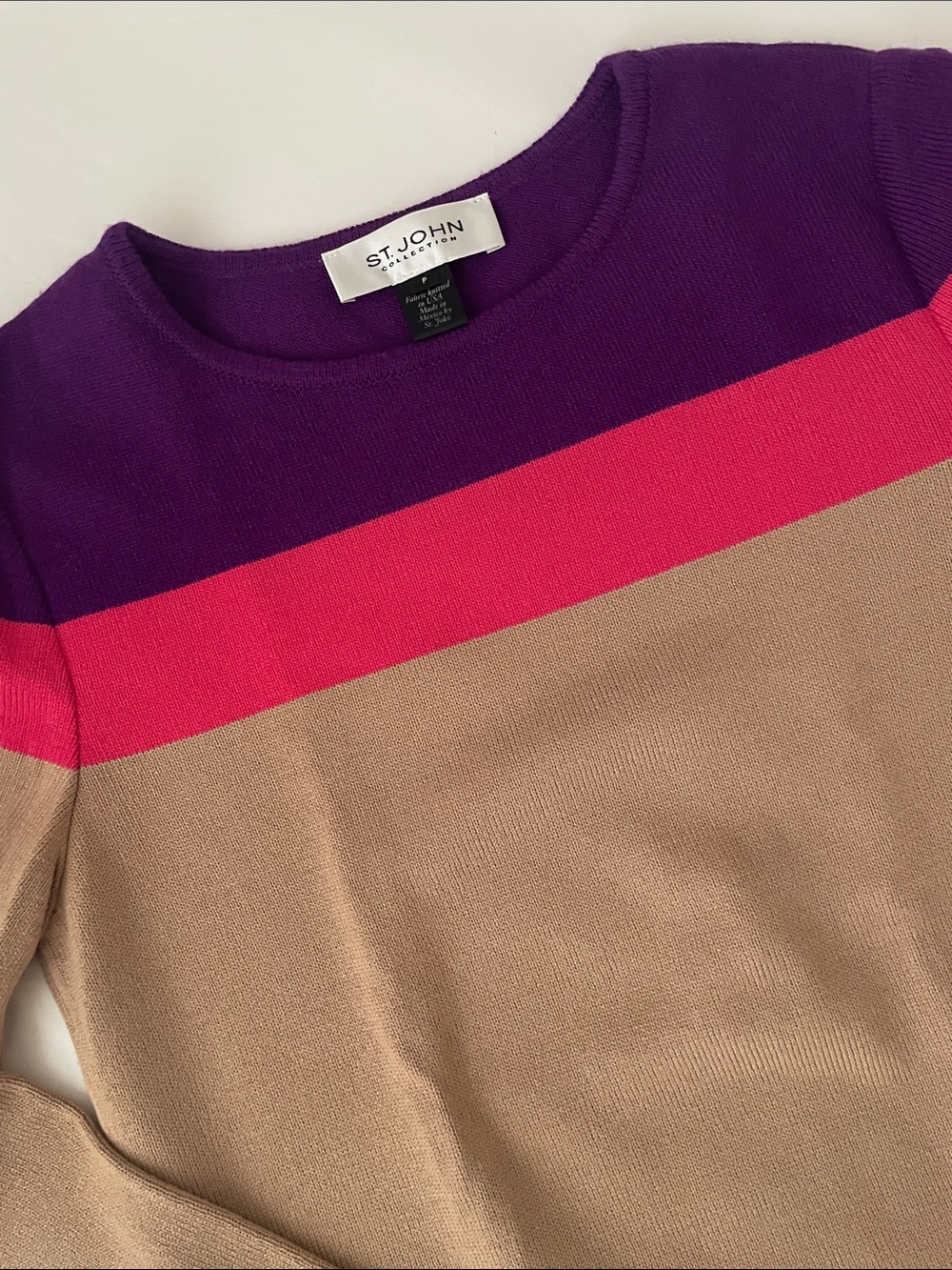 St. John Colorblock Crewneck Sweater in Purple, Hot Pink & Tan
